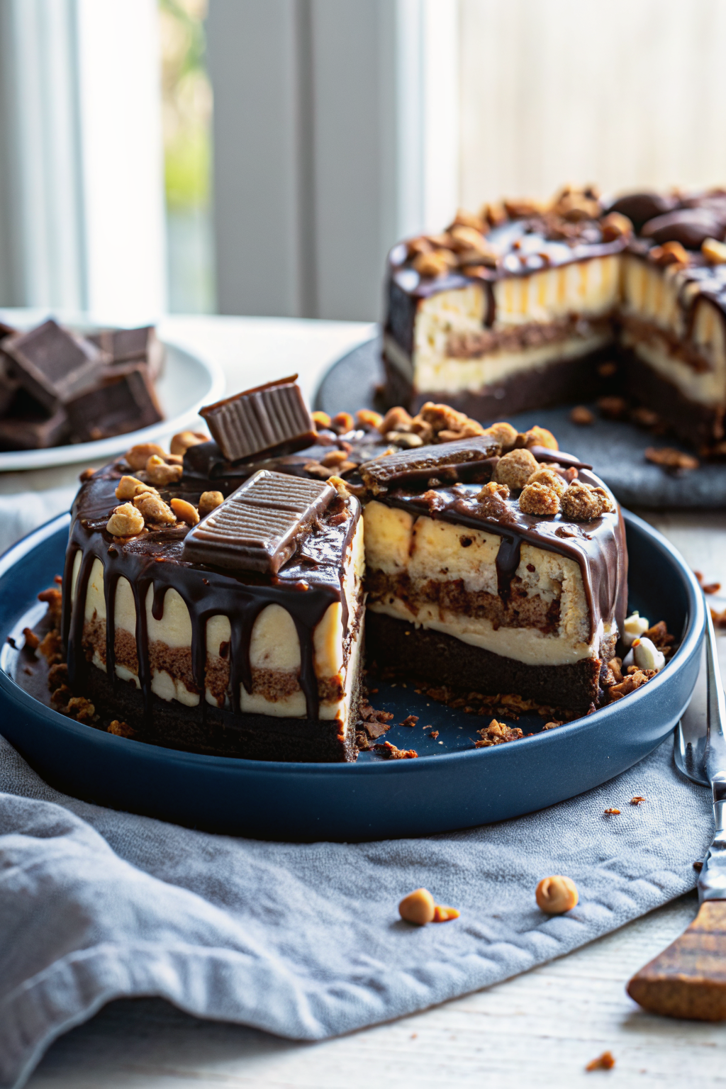 Snickers Peanut Butter Brownie Ice Cream Cake ingredients organized and measured on kitchen counter