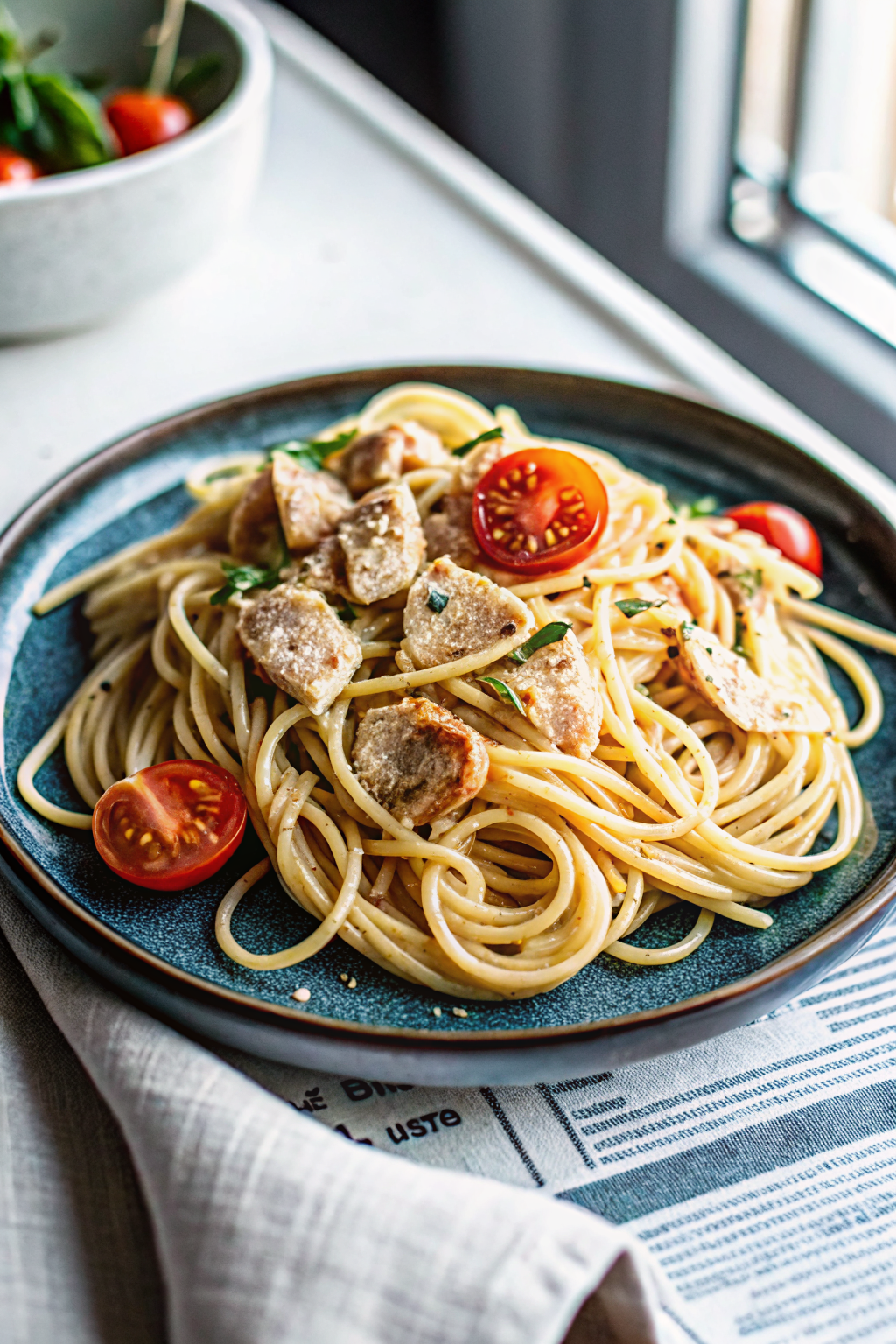 Spaghetti with Chicken and Grape Tomatoes beautifully presented from an overhead angle