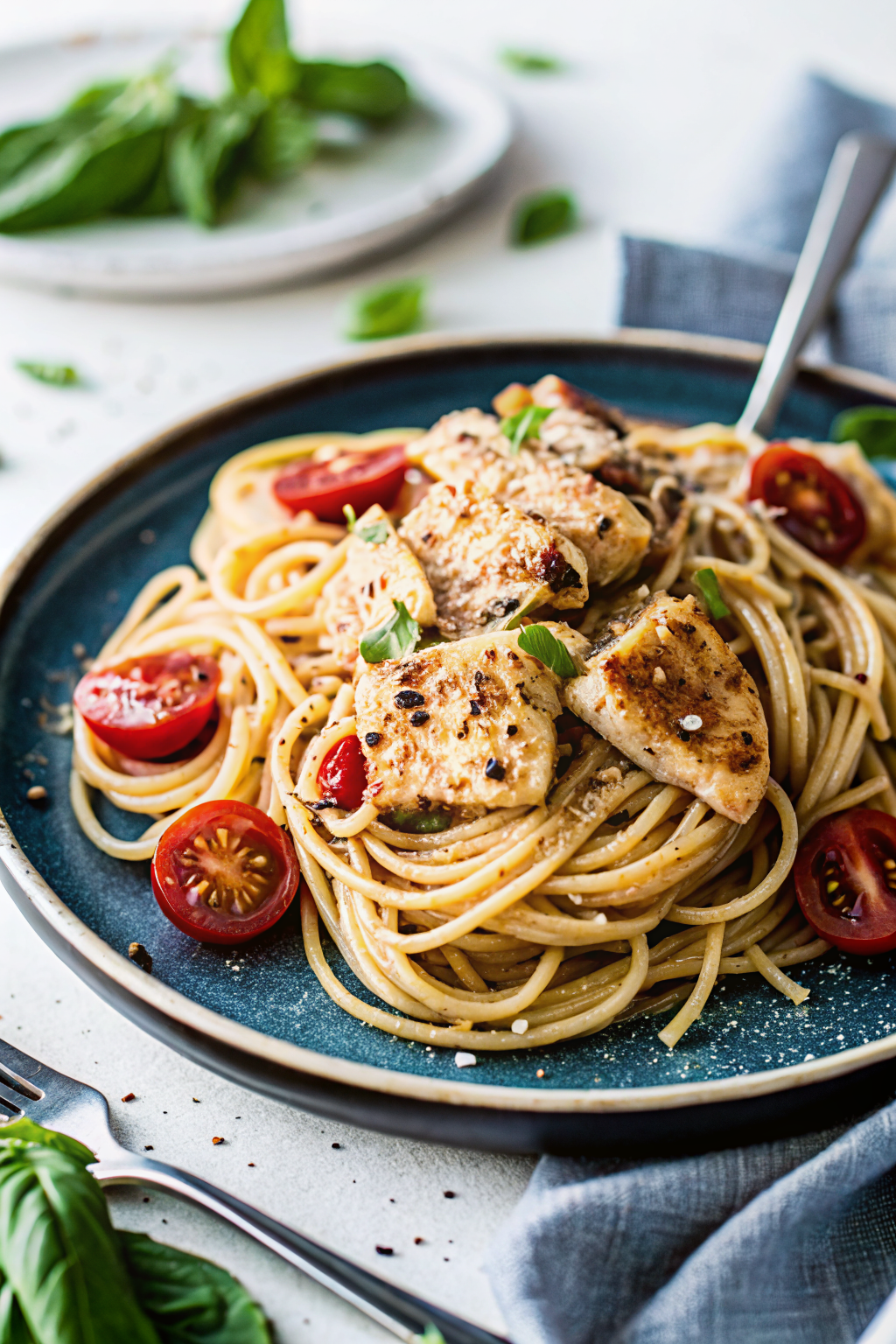Spaghetti with Chicken and Grape Tomatoes ingredients organized and measured on kitchen counter