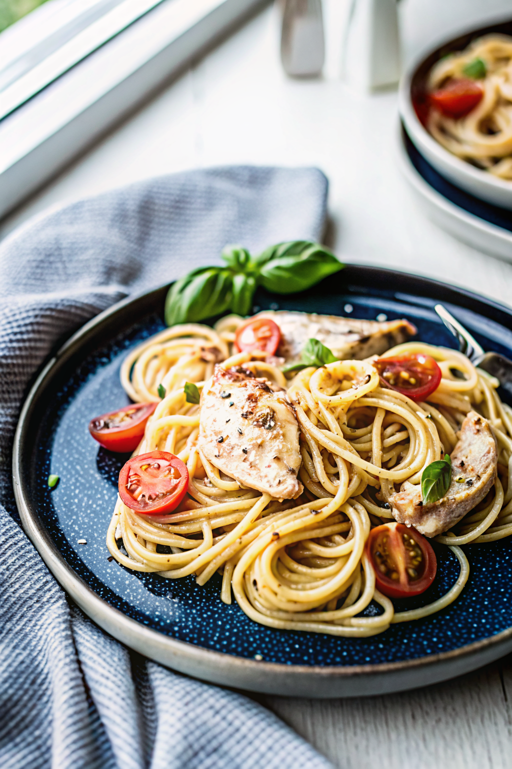 Spaghetti with Chicken and Grape Tomatoes slice on plate showing perfect texture and swirl pattern