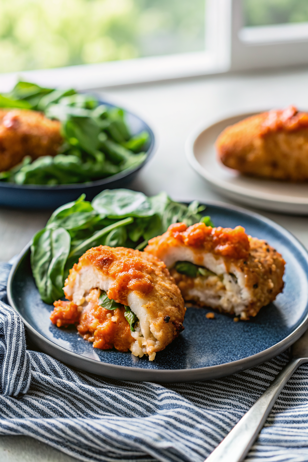Stuffed Buffalo Chicken Breasts beautifully presented from an overhead angle